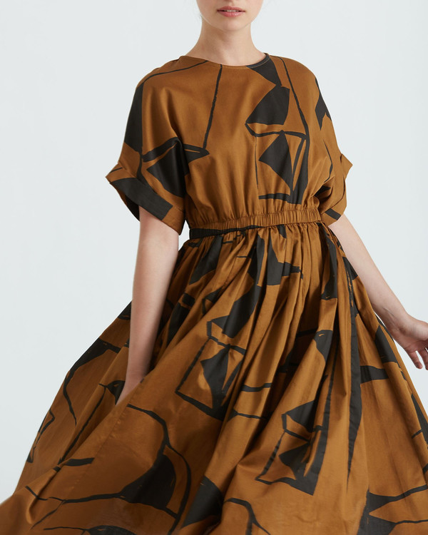Black Crane Pleated Dress | Teak & Black (Print B) | Garmentory