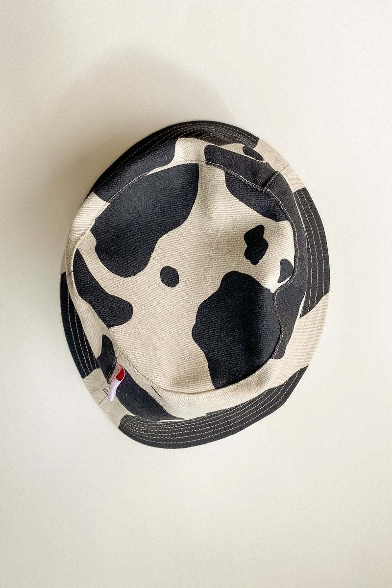 LISA SAYS GAH Britt Bucket Hat in Black/Ivory Cow Print 