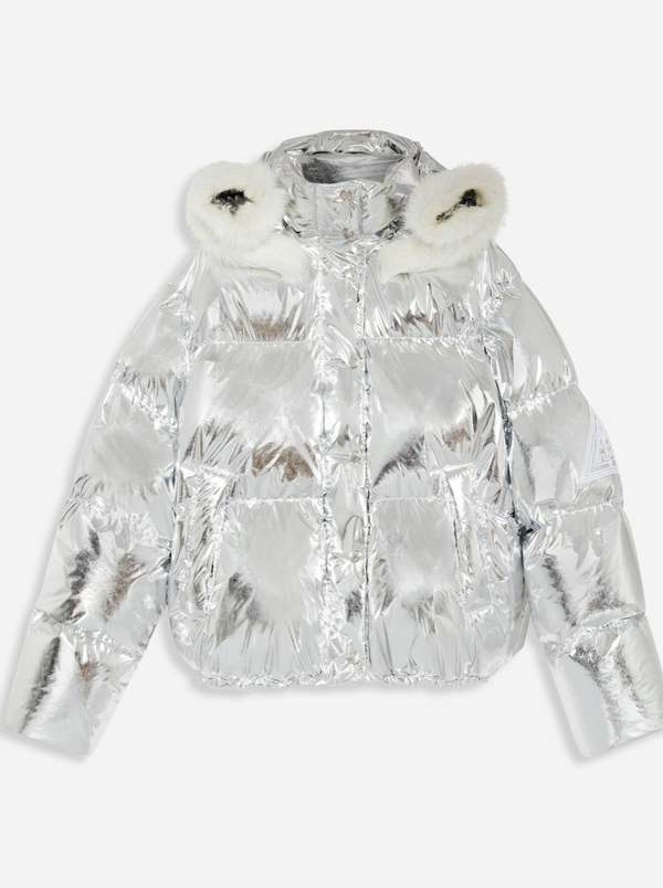 Lanvin Vintage Silver Metal Down Jacket with Rolled Hood | Garmentory