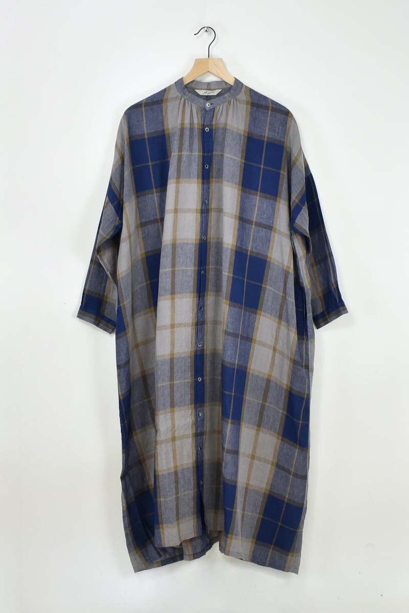 Ichi Antiquites Linen Tartan Shirt Dress - Navy | Garmentory