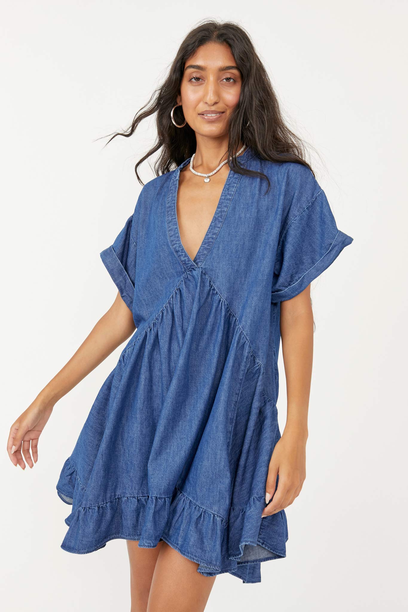 free people agnes denim dress Free People Agnes Denim Ruffles Mini Dress M