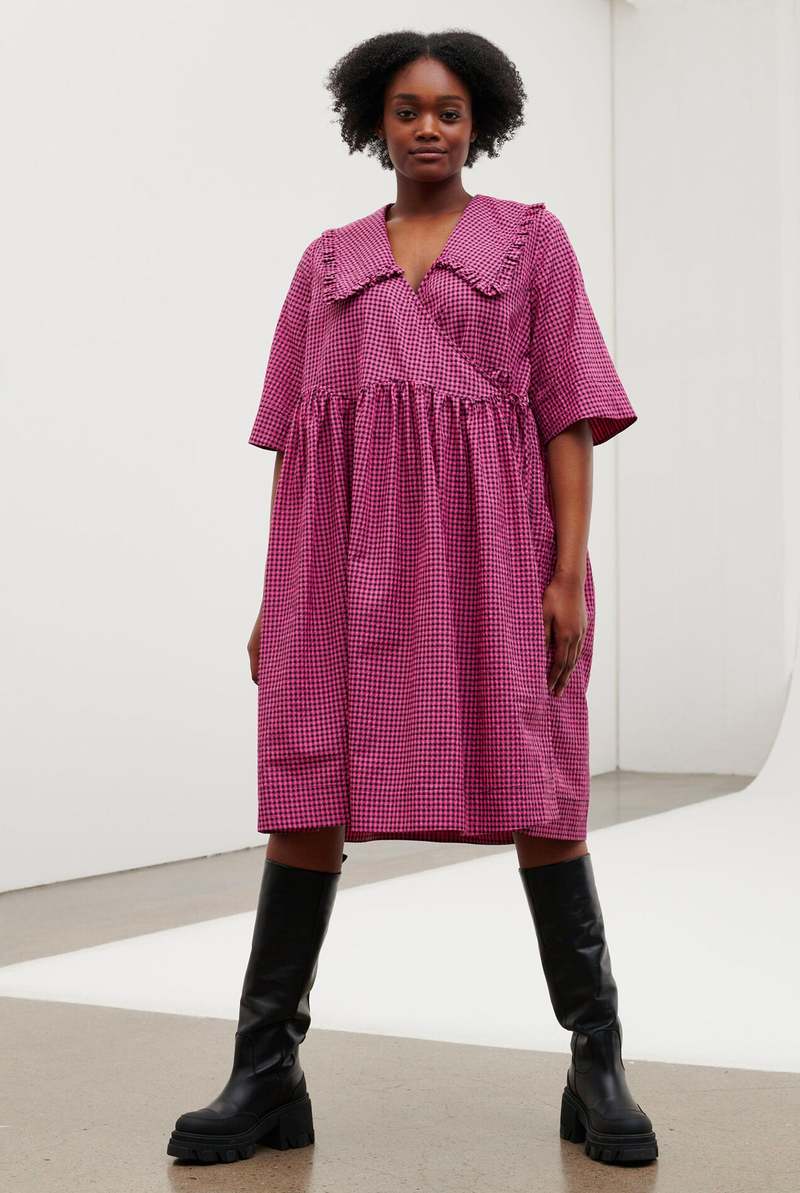 Ganni Seersucker Check Ruffle Collar Midi Wrap Dress