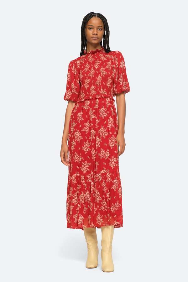 sea new york red dress Red Lucille Liberty Print Short Sleeve Midi Dress