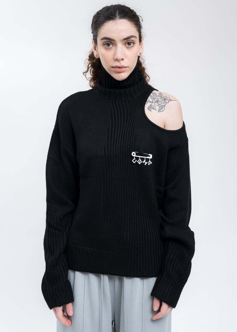 C2H4 OFF-SHOULDER ARC KNITTED DISTRESSED Sweater Black Garmentory