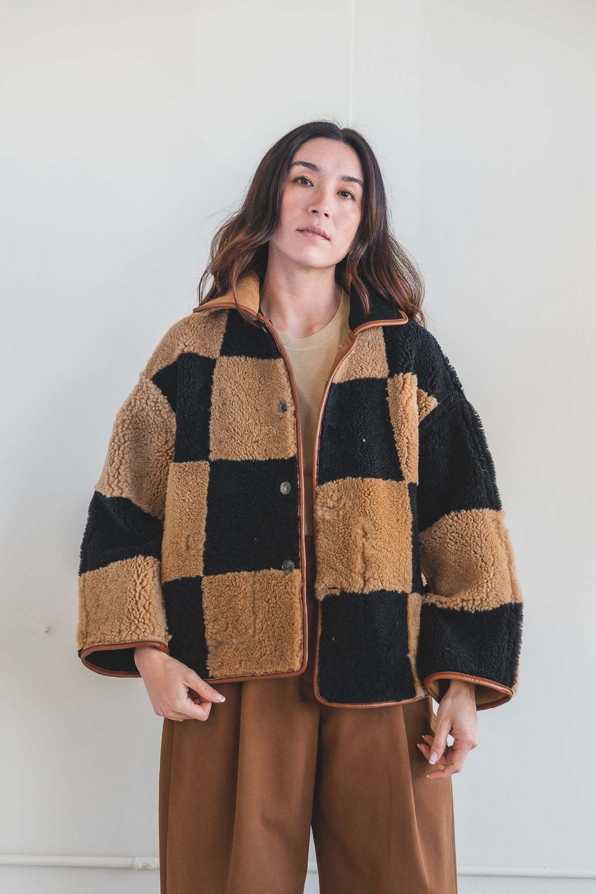 CAWLEY STUDIO AVIS SHEEPSKIN JACKET - BLACK/TAN CHECK | Garmentory