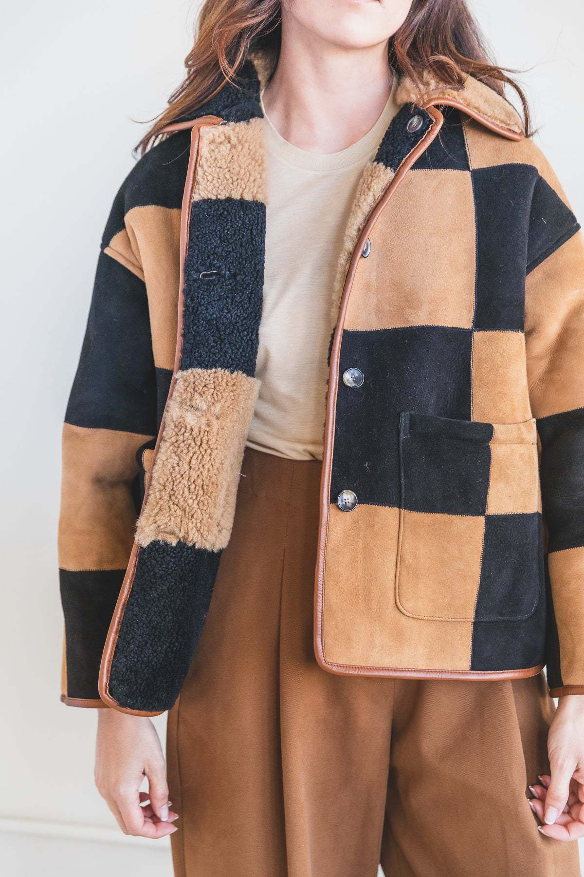 CAWLEY STUDIO AVIS SHEEPSKIN JACKET - BLACK/TAN CHECK | Garmentory