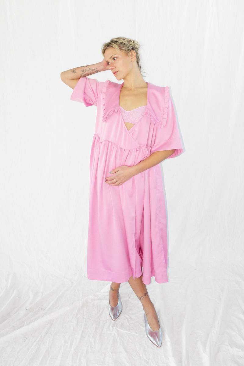 Ganni Ruffle Collar Wrap Dress - Moonlight Mauve Satin