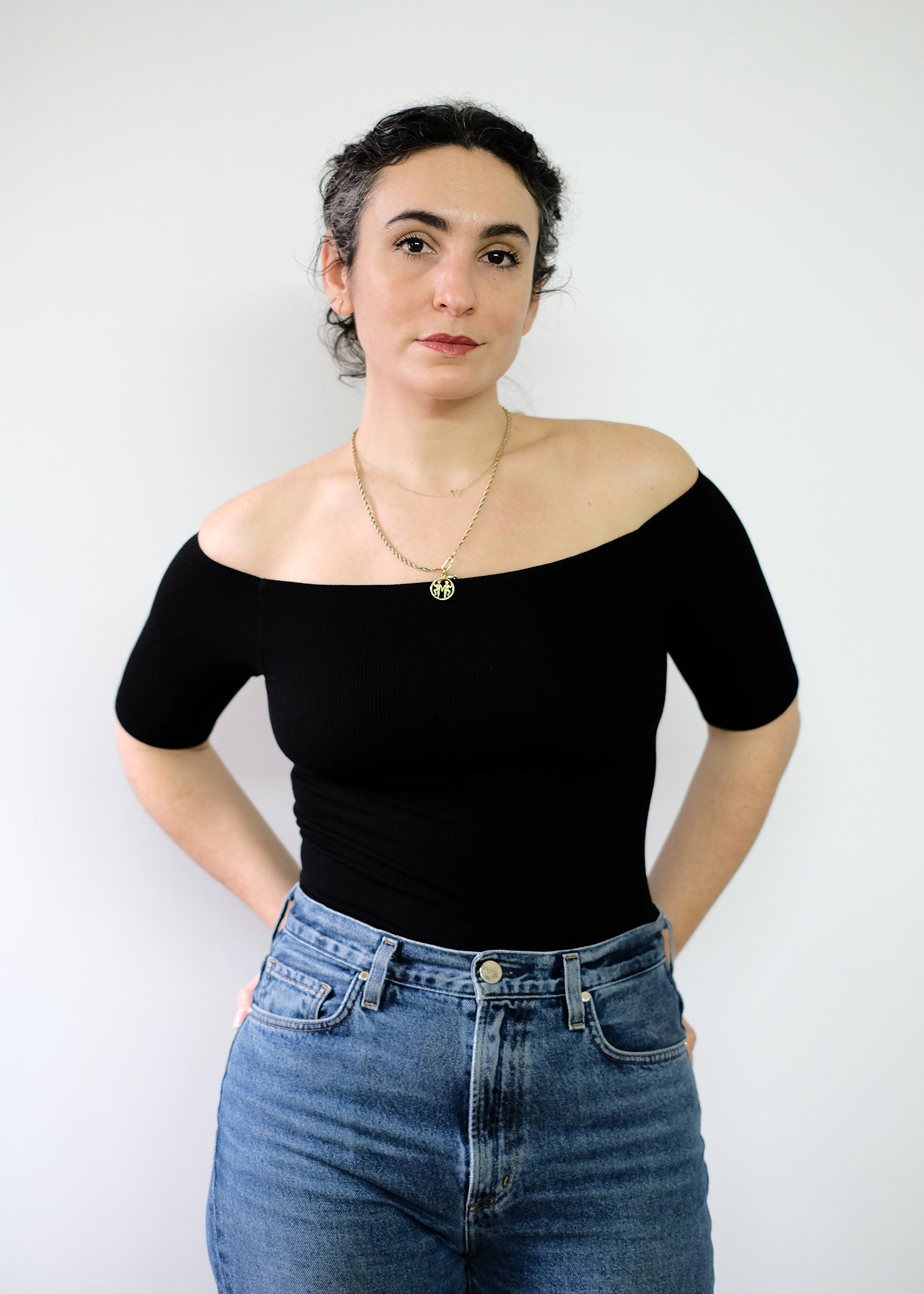 Enza Costa Stretch Silk Knit Half Sleeve Off-Shoulder Top black