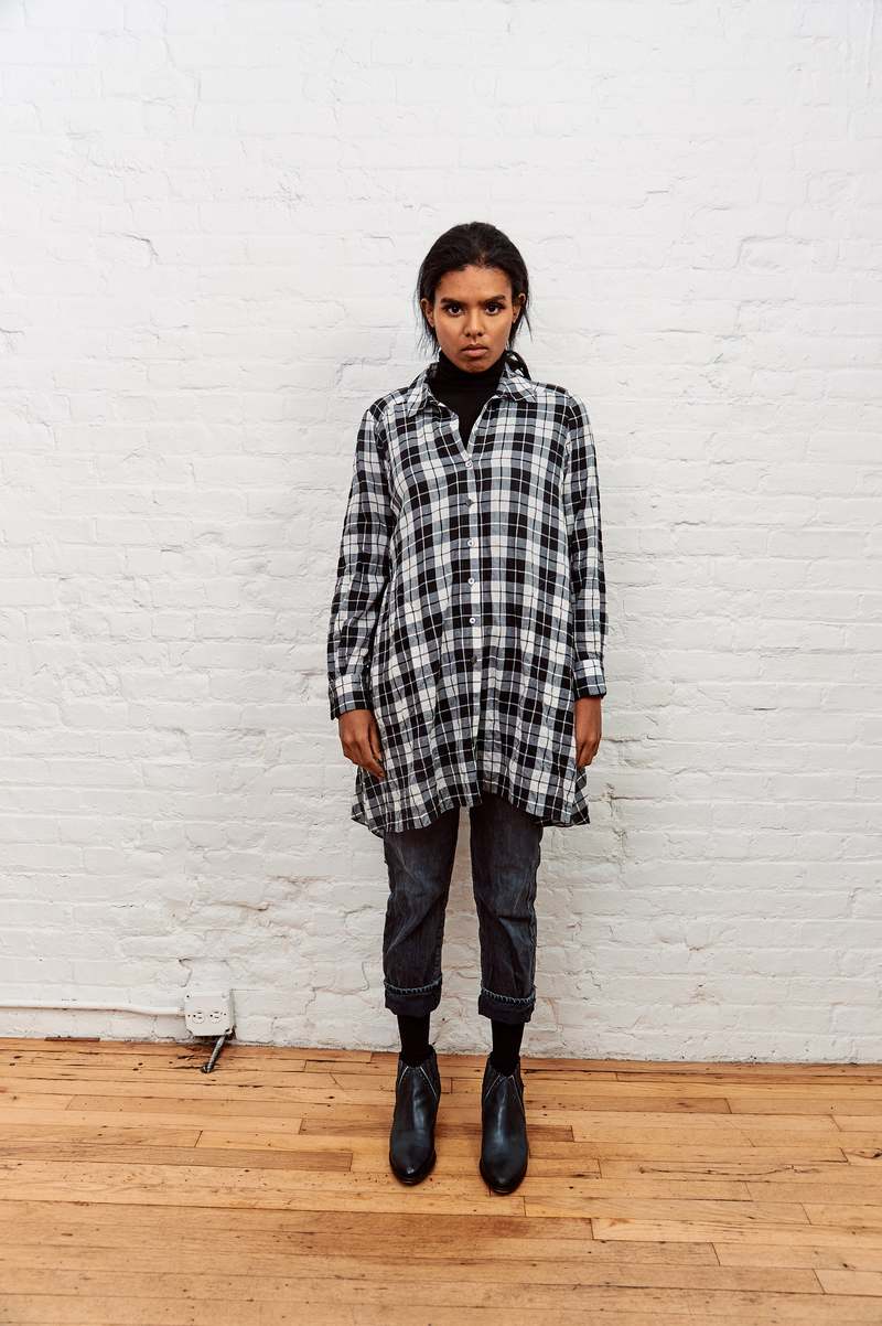 Morgane Le Fay Plaid Asymmetric Shirt Dress - black/white | Garmentory