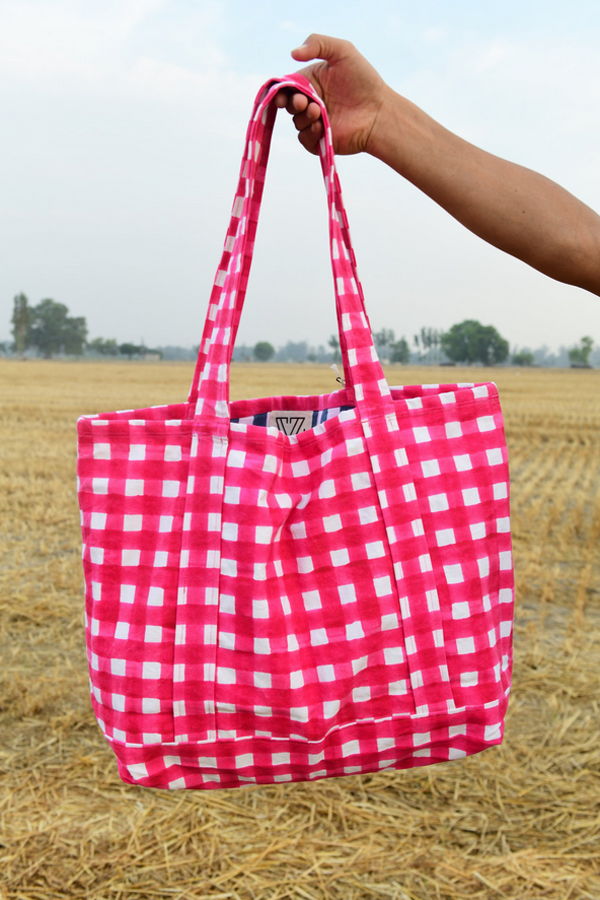 SZ Blockprints Small tote - Hot Pink Gingham