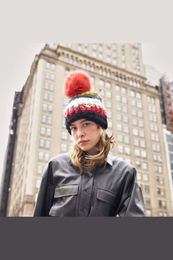 mischa lampert - nile stripe beanie + raccoon xl pom