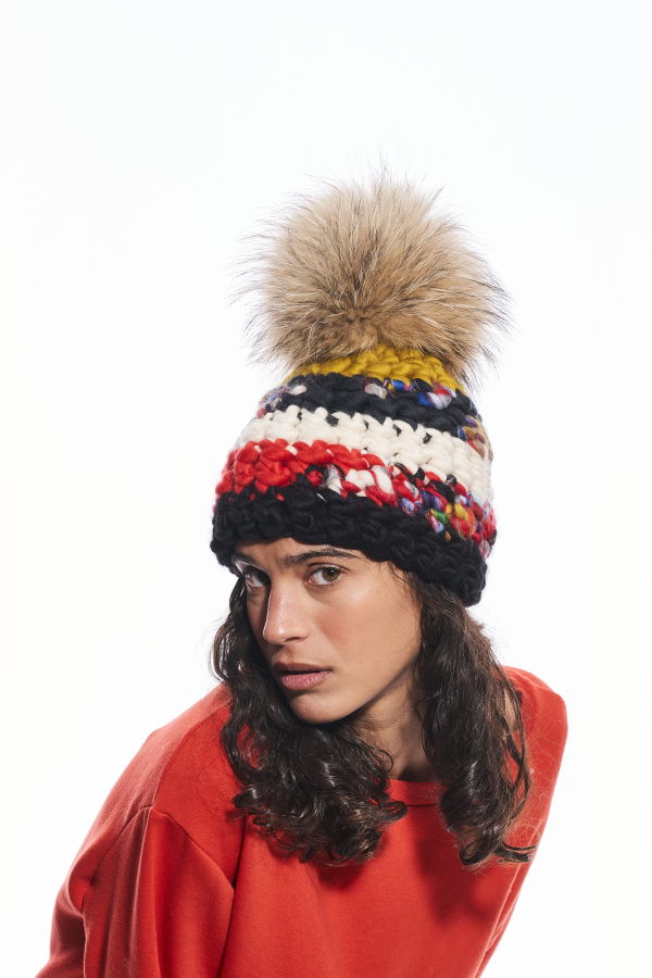 mischa lampert - nile stripe beanie + raccoon xl pom