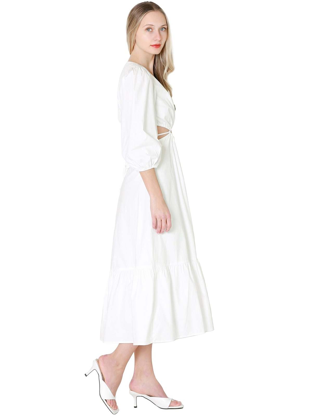knee length dresses for ladies Threadbare Women's Blue Stripe Cotton Poplin V Neck Tie Belt Puff Sleeve  Tiered Midi Dress