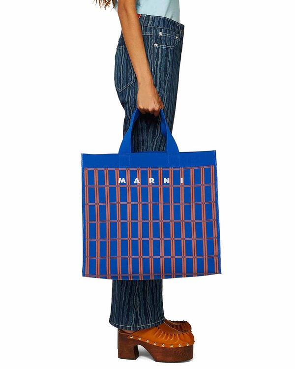 Marni Jacquard Shopping LOGO Bag blue Garmentory