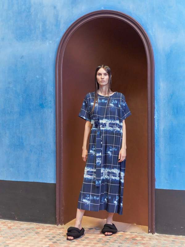 Henrik Vibskov Smooth Plisse Dress - Dark Tie Dye Checks | Garmentory