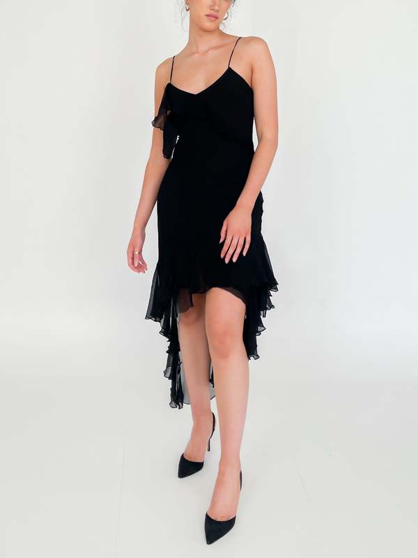 14653 Black Ruffle Collar Chiffon Dress