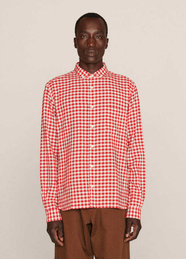 YMC Dean Cotton Linen Gingham Shirt - Ecru/Red | Garmentory
