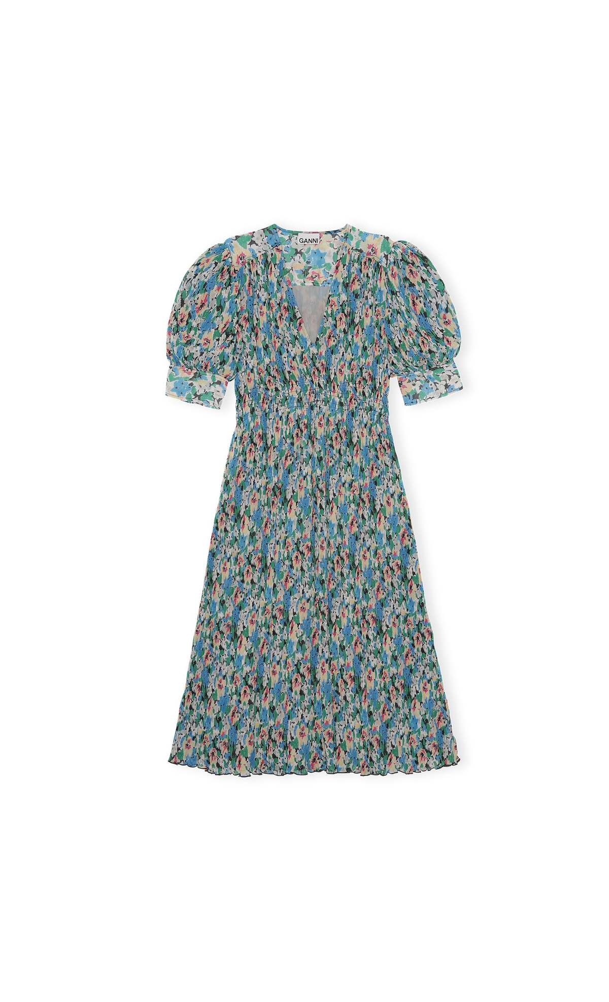 ganni blue floral beaded dress Ganni Pleasted Georgette Mini Dress - Floral Azure Blue