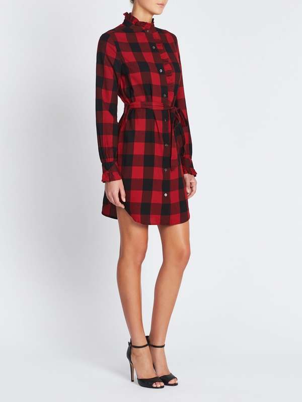 red black check dress Plaid 3/4 Sleeve Round Neck Ruched Maternity Dress RED/BLACK / SMALL main image 0
