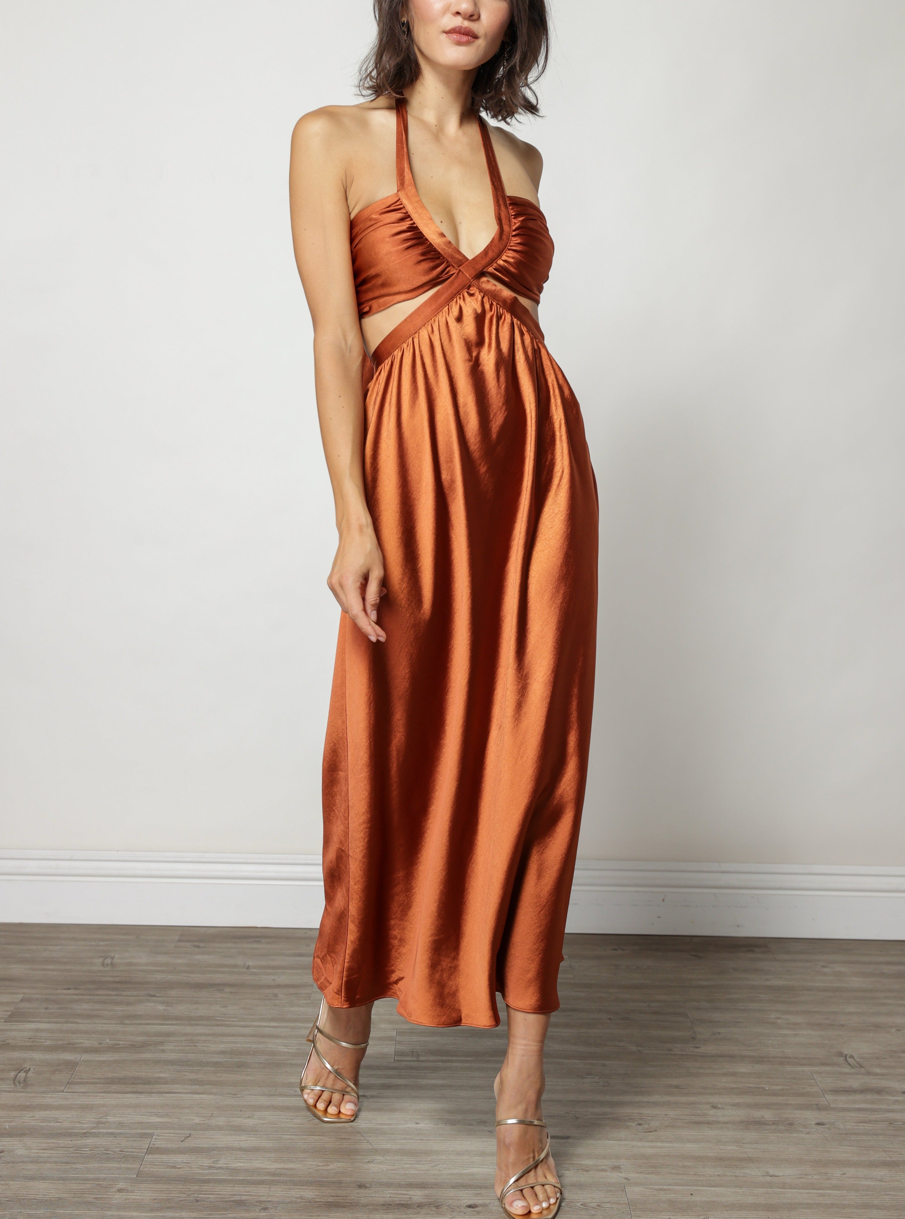 satin midi dress champagne Champagne Satin Dress - Cutout Midi Dress
