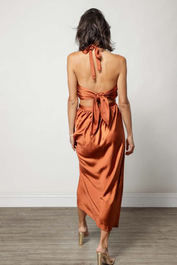 Line Dot Rust Satin Cut Out Halter Midi Dress Garmentory