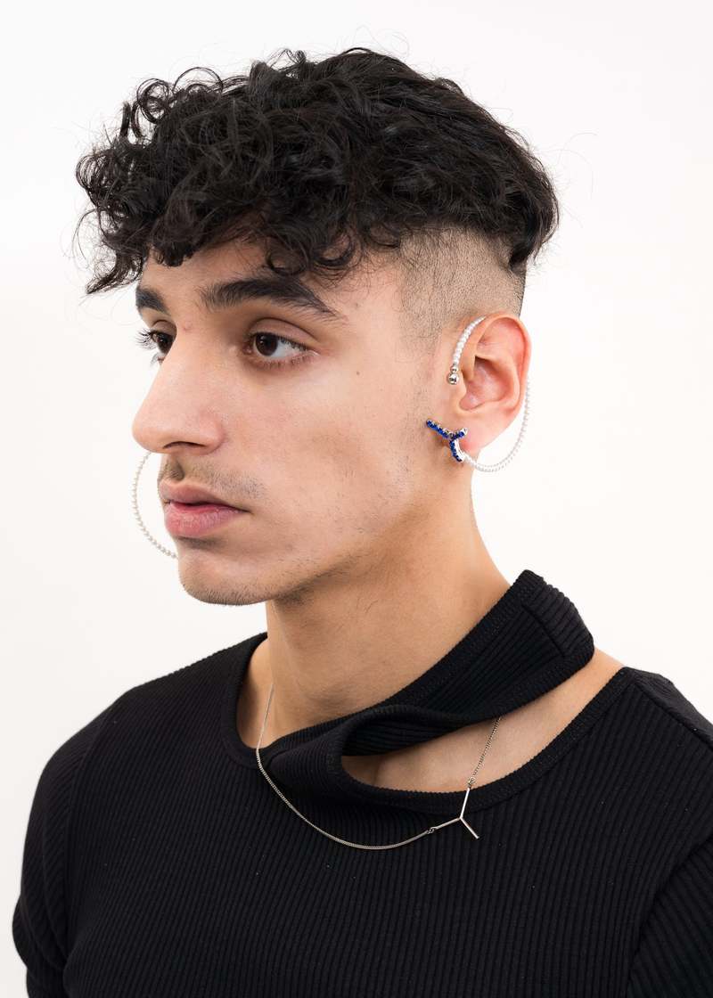 Y/project Maxi Y Pearl Hoops - Silver/Sapphire | Garmentory