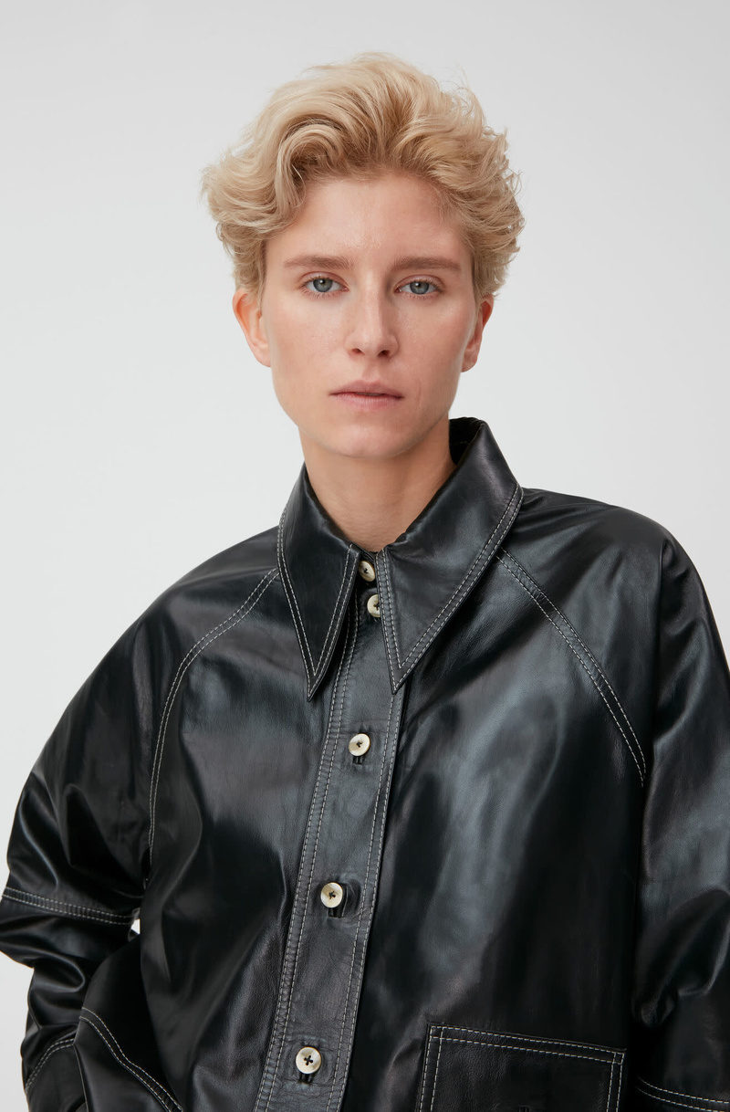 Ganni Oversized Shirt Jacket - Black Leather | Garmentory