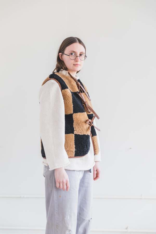 Cawley Studio Ella Sheepskin Vest - Black/Tan Check | Garmentory
