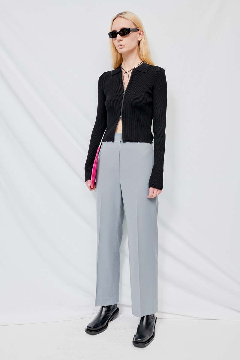 AMOMENTO Rib Two Way Zip-Up Cardigan - Black | Garmentory