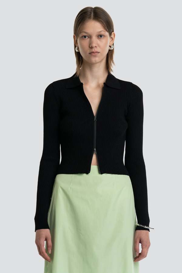 【AMOMENTO】RIB 2way zipup cardigan Rib Two Way Zip-Up Cardigan — Black – La Garçonne