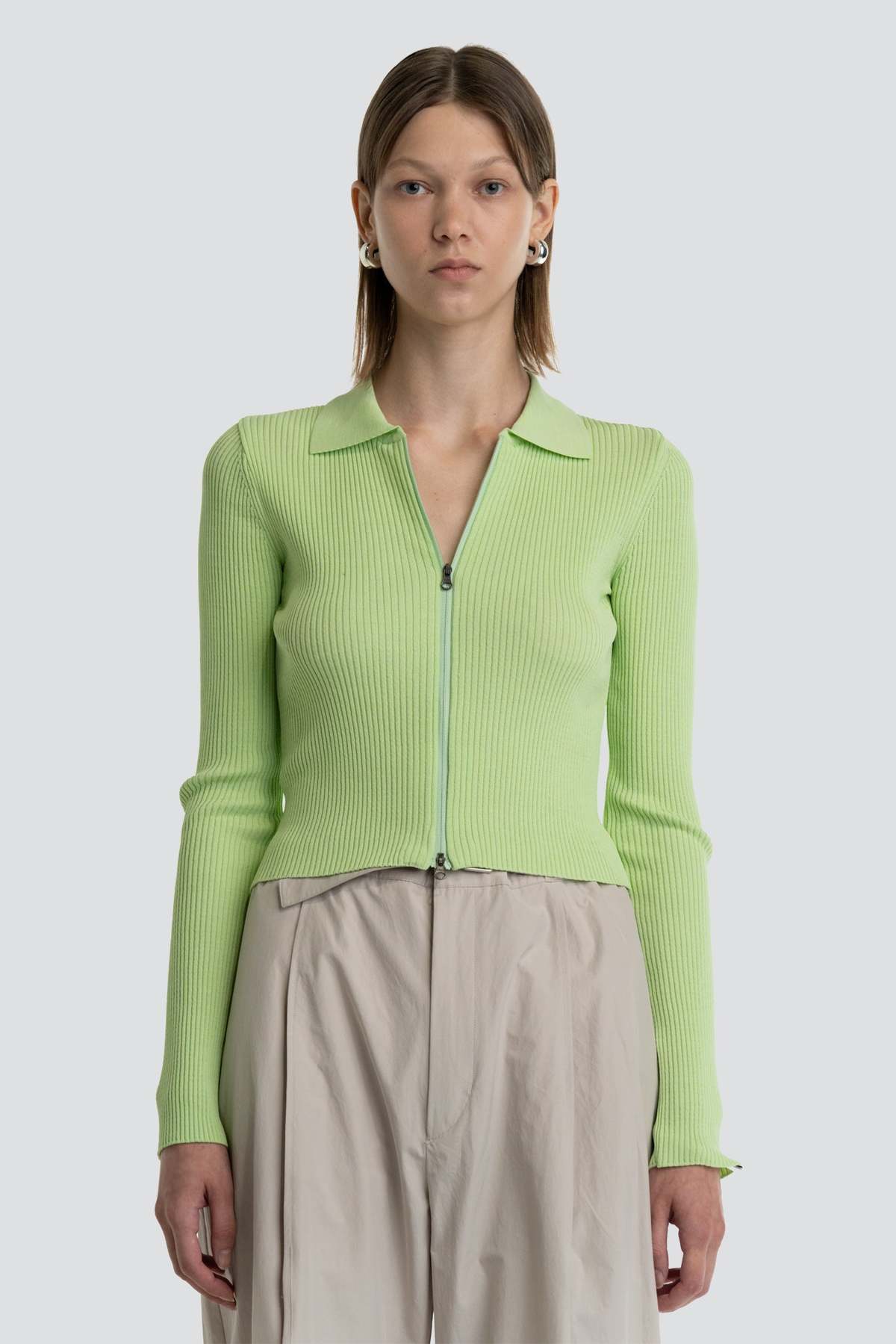 AMOMENTO Rib Two Way Zip-Up Cardigan - Lime | Garmentory