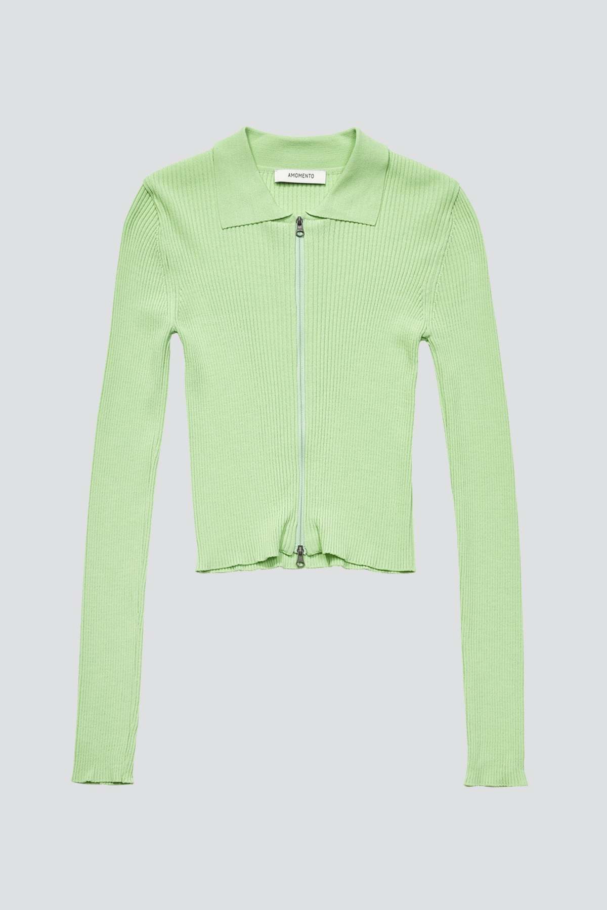 AMOMENTO Rib Two Way Zip-Up Cardigan - Lime | Garmentory