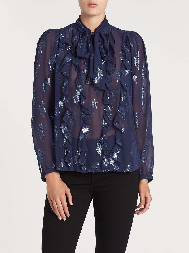 Rebecca Taylor Metallic Star Clip Tie Neck Top | Garmentory