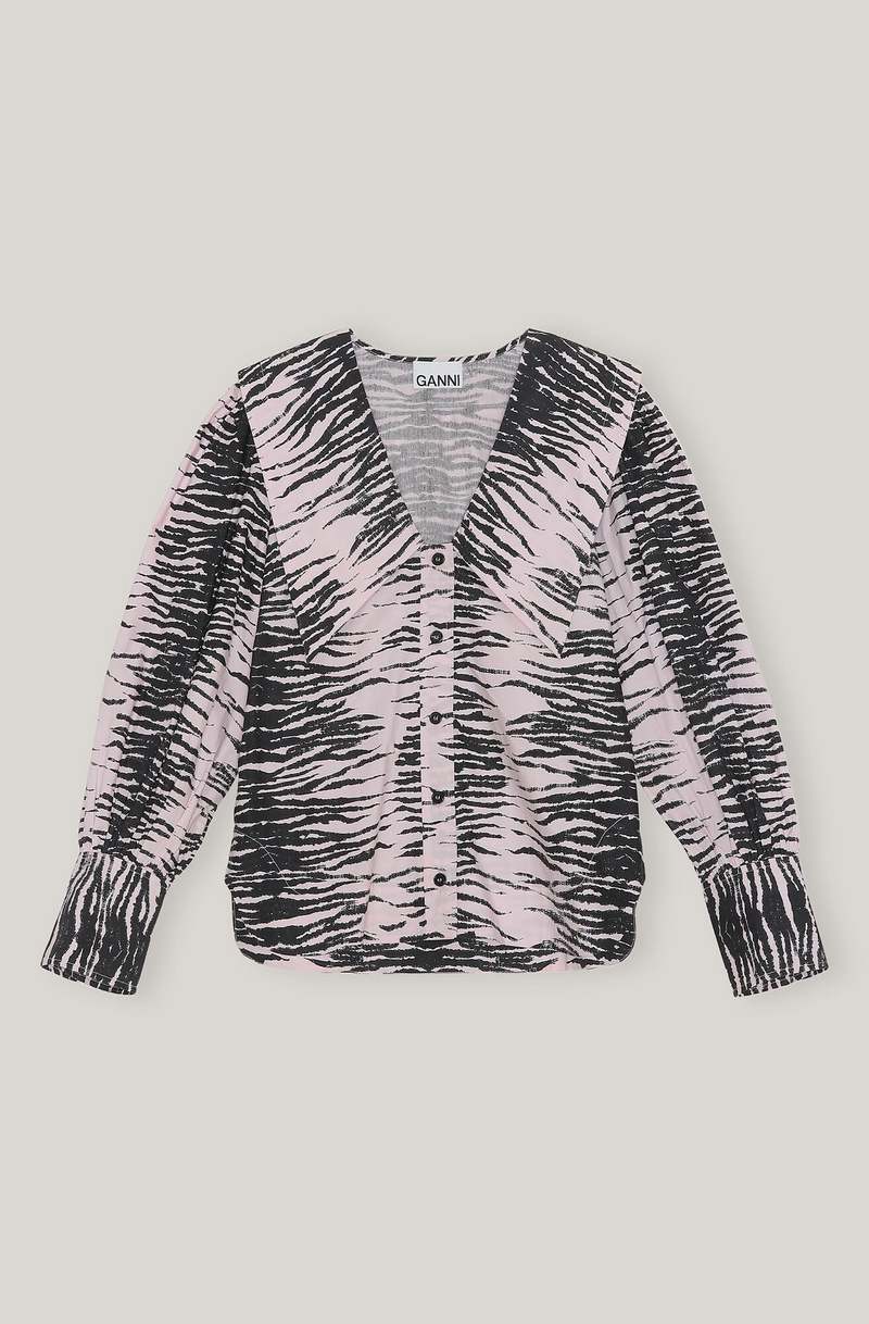 Ganni Printed Poplin V-Neck Shirt - Tiger Stripe/Light Lilac