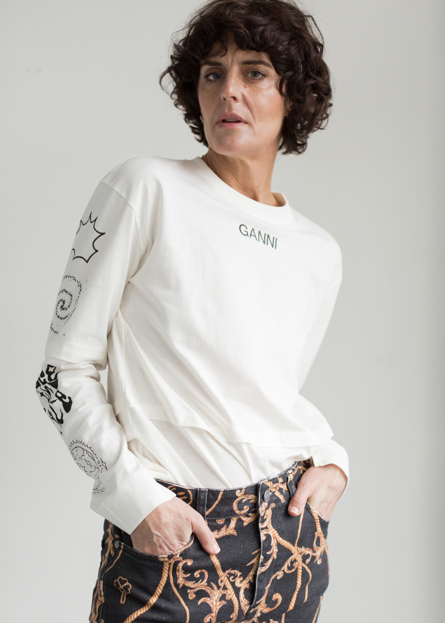 Ganni O-neck Drop Shoulder Layered Long Sleeve T-shirt