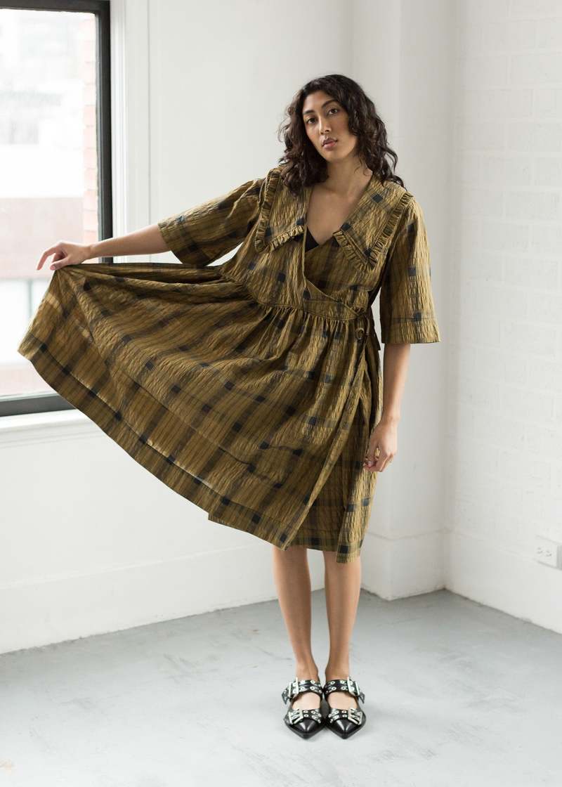 Ganni Searsucker Check Ruffle Collar Wrap Dress - Butternut