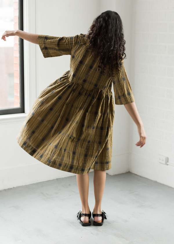 Ganni Searsucker Check Ruffle Collar Wrap Dress Butternut