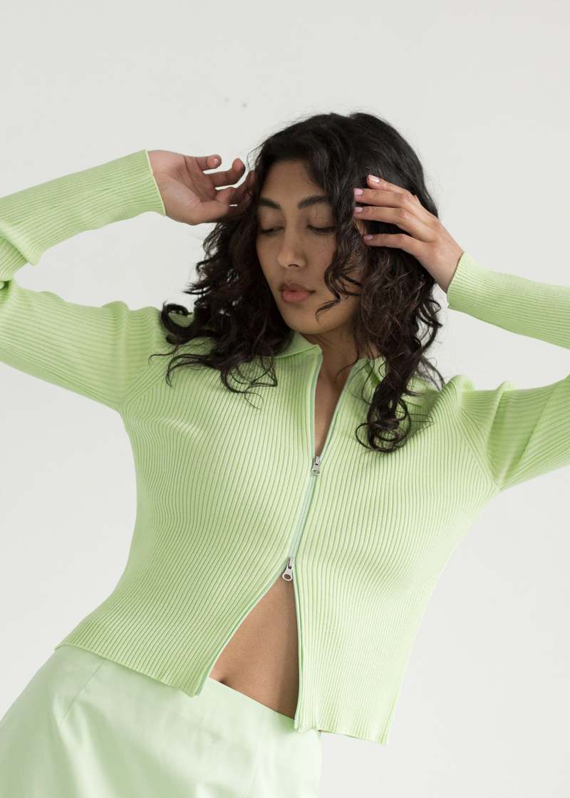 Amomento Rib Two Way Zip-Up Cardigan - Lime | Garmentory