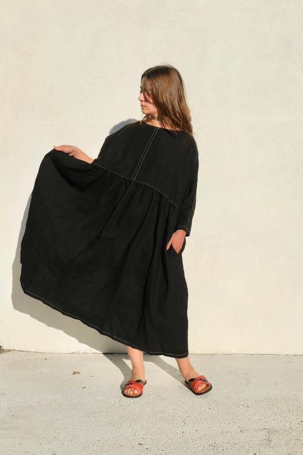 knee length dresses for ladies Black Linen Smock Dress main image 1