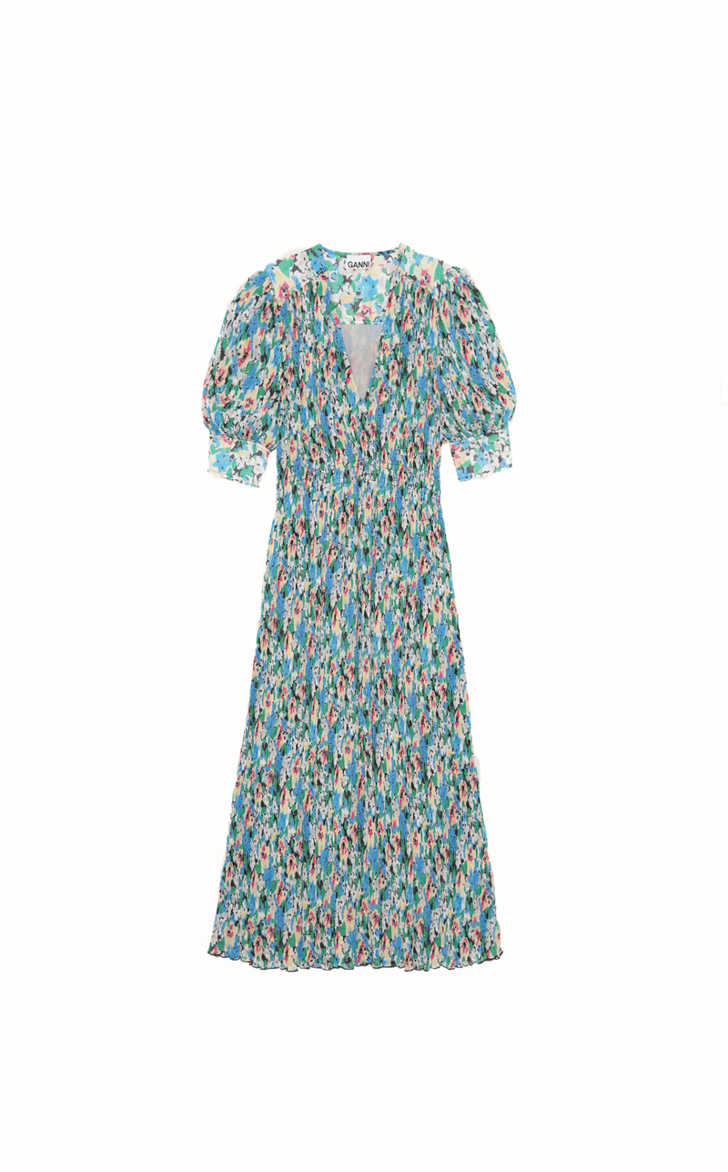 Ganni Pleated Georgette S/S Printed Dress - Floral Azure