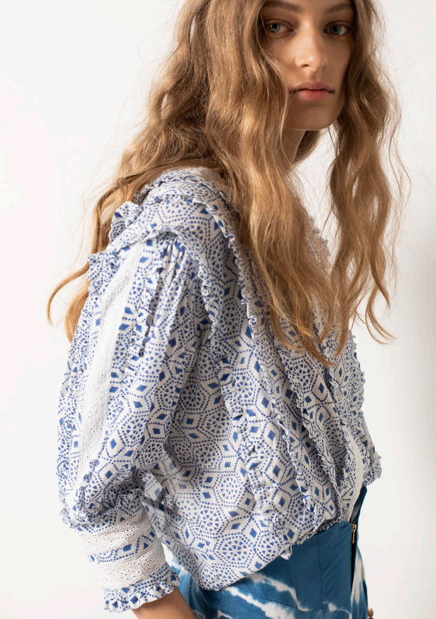 Alix Of Bohemia Uma Lace Trim HiLo Back Blouse Blue/White Garmentory