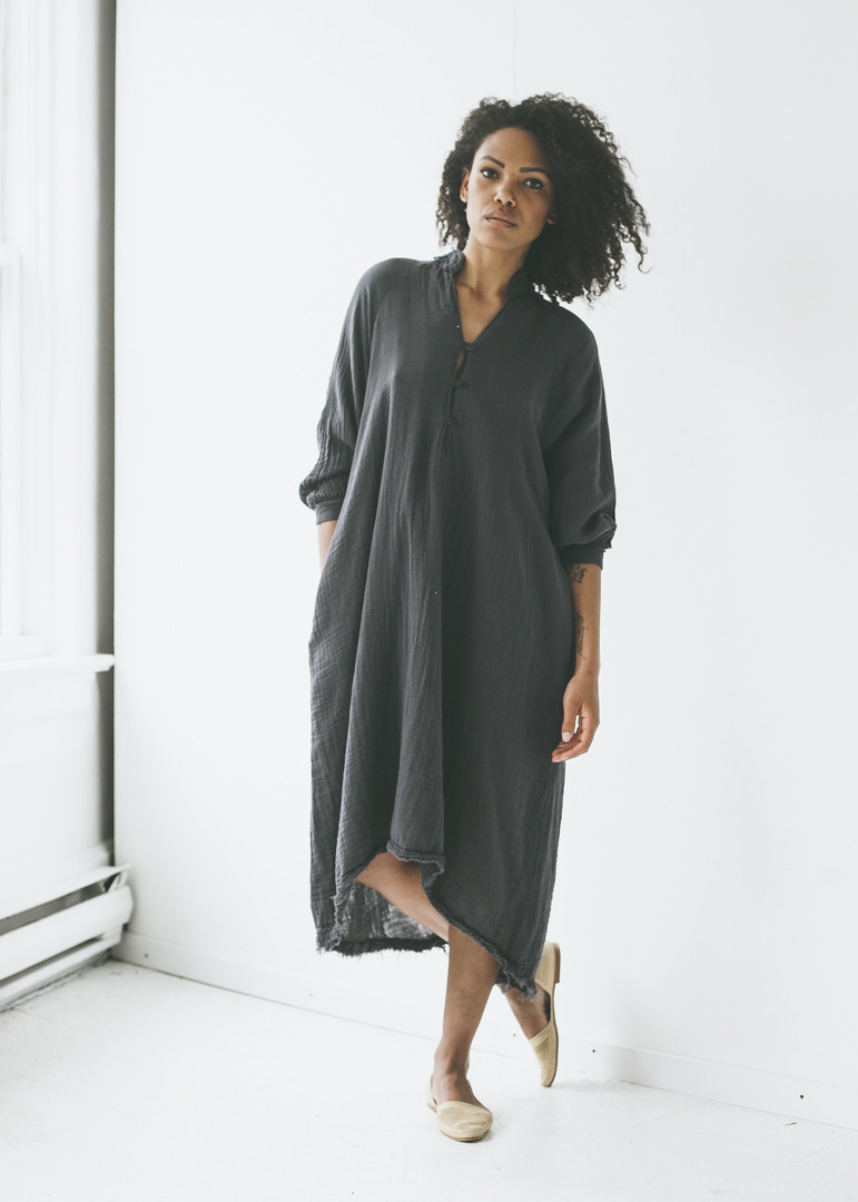 Black Crane Double Gauze Dress in Dark Grey Garmentory