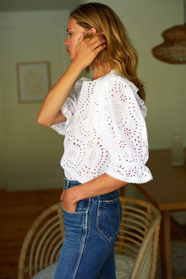 Mabel and Moss Emerson Fry White Eyelet Pearl Blouse - White Eyelet