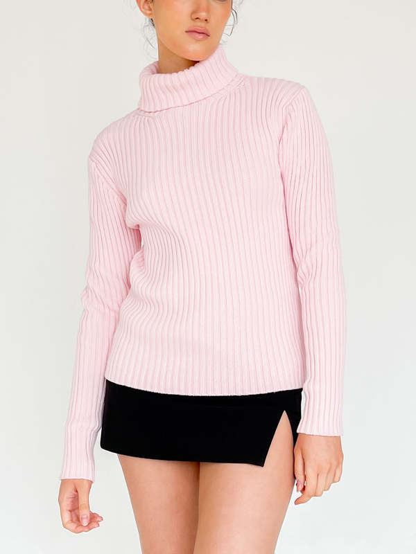 Vintage Cotton Ribbed Turtleneck Sweater - Pink