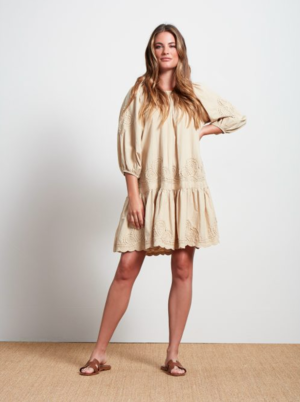 chinese dress ladies SOULIN 3/4 Sleeve Pintuck Linen Dress in White