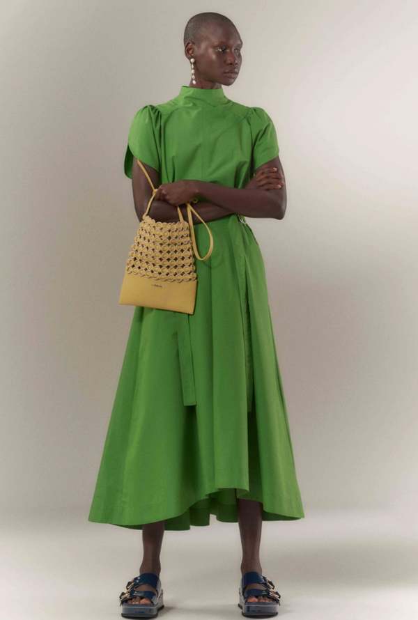 philip lim green dress 3.1 Phillip Lim Side-Tie Puff Sleeve Midi Dress Green Poplin Size 8
