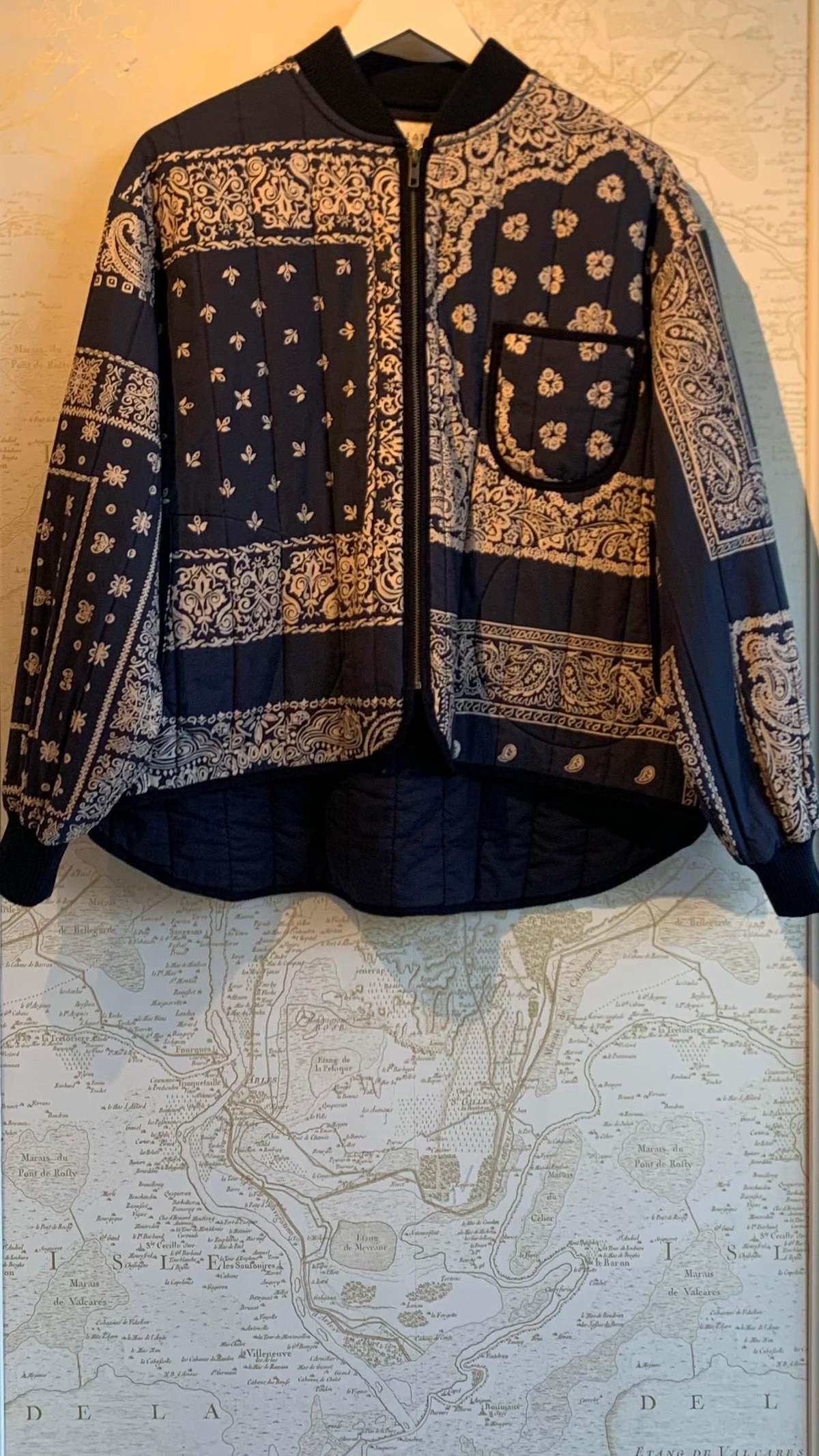 The Great. The Quilted Bomber - Navy Blue Bandana Print | Garmentory