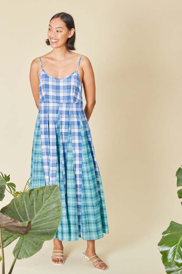 RUJUTA SHETH Goa Slip Maxi Dress - Surf/Yani Chex | Garmentory RUJUTA SHETH Goa Slip Maxi Dress - Surf/Yani Chex | Garmentory