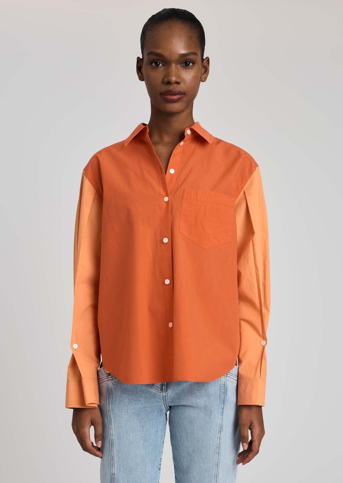 Derek Lam Wesley Balloon Sleeve Button Down Top - Coral Multi - Image 2 of 6