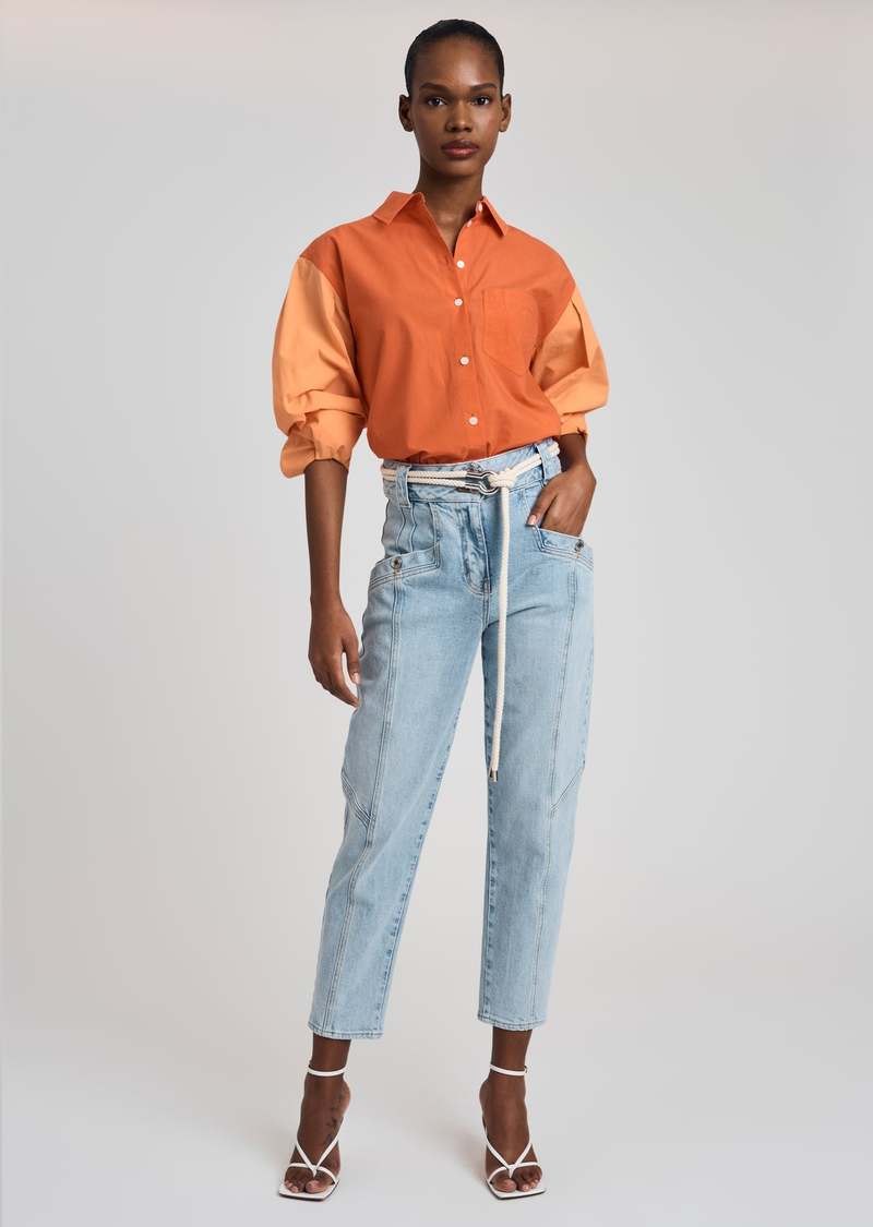 Derek Lam Wesley Balloon Sleeve Button Down Top - Coral Multi